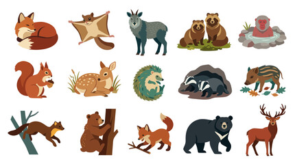 Obraz premium Flat Vector Illustration of Forest Animals: Fox, Deer, Bear, Squirrel, Hedgehog