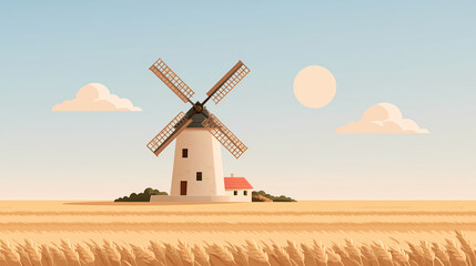 Fototapeta premium A traditional stone windmill stands in the middle of a golden wheat field under a clear blue sky with a bright sun and soft clouds