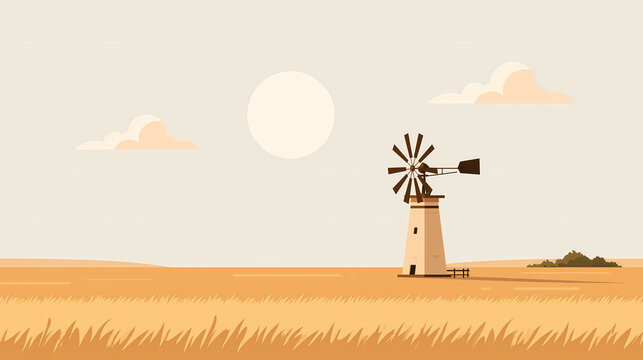 A vintage windmill stands in the middle of a golden wheat field under a bright sun in a peaceful rural landscape illustration