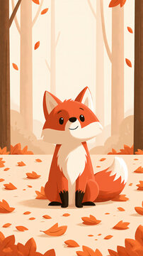 A cute cartoon fox sits calmly on the ground covered with fallen orange leaves in a peaceful autumn forest setting during a bright day