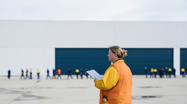 Woman warehouse lead with a blank tablet conducting a headcount on a wet concrete apron, for industrial safety and evacuation mockup
