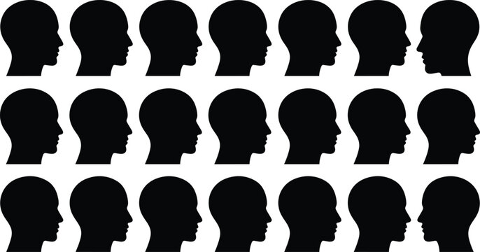 Collection of anonymous human head silhouettes in profile representing crowd conformity, communication, and social psychology