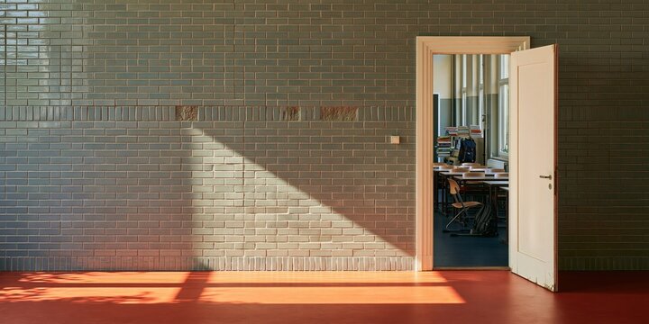 Glazed brick wall with a wide expanse of copy space and an open door leading to a bright classroom for educational background and school campaigns
