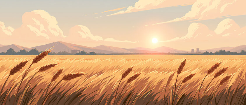 A beautiful golden wheat field stretches towards the horizon under a soft sunset sky with distant mountains and clouds in a peaceful rural landscape