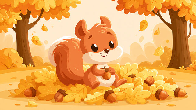 A cute cartoon squirrel sits in a pile of golden autumn leaves and holds a small brown acorn in a peaceful forest setting during the fall season