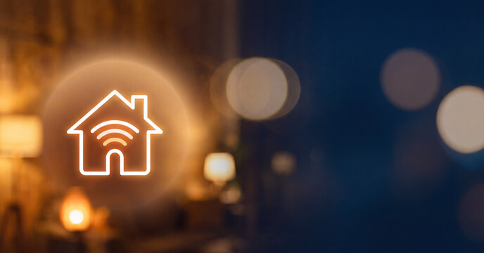 Smart home icon glowing with wireless connection symbol over a blurry dark living room background representing automation technology connectivity and modern house internet of things solutions