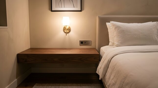 Modern Bedroom Interior with Floating Wooden Nightstand and Wall Sconce