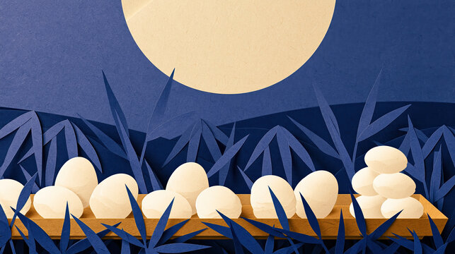 Paper cut landscape featuring harvest moon above quiet village garden at night with layered leaves and glowing pale pumpkin harvest
