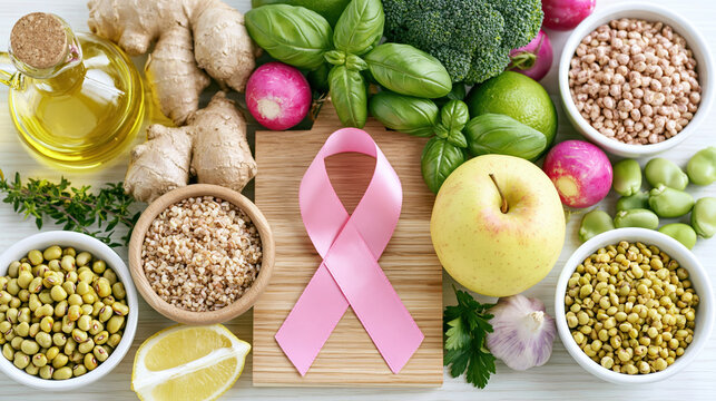 Pink awareness ribbon among fresh organic produce and legumes