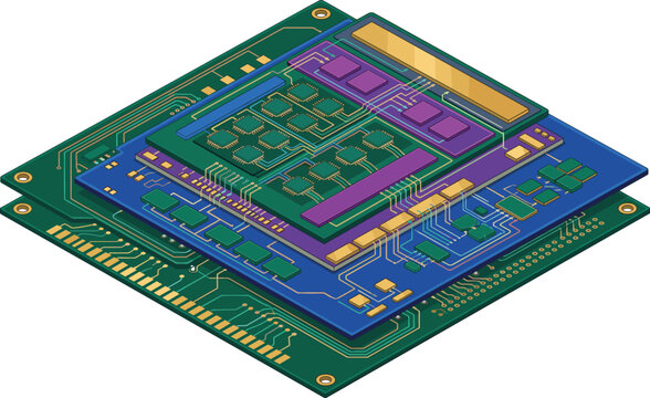 Isometric vector illustration of a multi-layer microchip processor circuit board for modern technology concepts