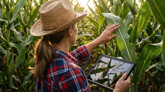 Farmer Examining Cornfield with Tablet: A woman farmer wearing a straw hat and plaid shirt inspects a corn plant, holding a tablet to check data in the field.