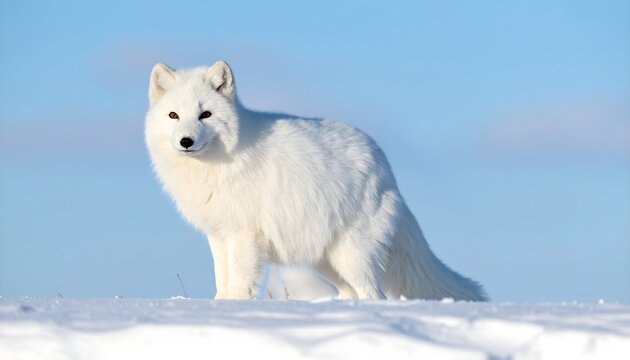 White arctic fox stands in snow, snowy landscape background