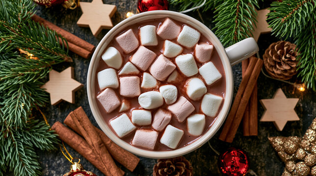 Rich hot chocolate topped with marshmallow surrounded by pine branch, cinnamon stick, ornament, pinecone, and star decoration