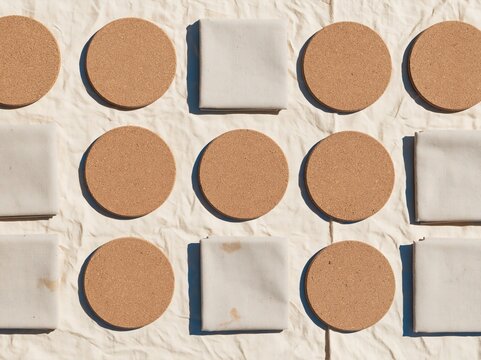 Cork coasters and folded napkins arranged in a grid on crumpled cream linen, a tactile and calm setting for menu design and food layouts