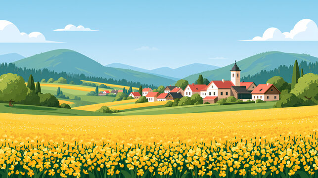 A beautiful rural landscape features a small village with a church tower surrounded by vibrant yellow flower fields under a clear blue sky with rolling green hills
