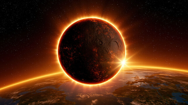 Solar eclipse space planet horizon solar eclipse viewed from low Earth orbit glowing planet above Earth horizon