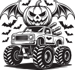 Halloween monster truck with jack-o-lantern face, bat wings, and spooky 3D design elements © Masud