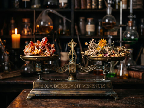 Antique balance scale weighing dried herbs in historical alchemist apothecary lab