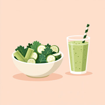A bowl of fresh green salad with sliced cucumber and celery sits next to a glass of healthy vegetable smoothie with a straw on a soft background