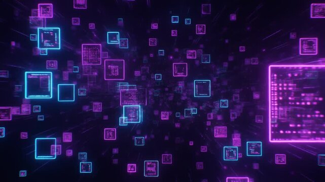 Glowing purple blue digital squares particles, data processing concept