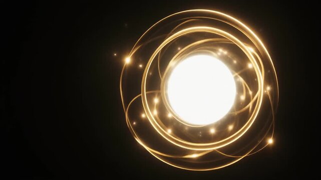 A brilliant white-gold spherical light source pulses at the center of delicate energy rings expanding, contracting, and rotating with orbiting luminous particles &mdash; seamless loop perfect for luxury ove