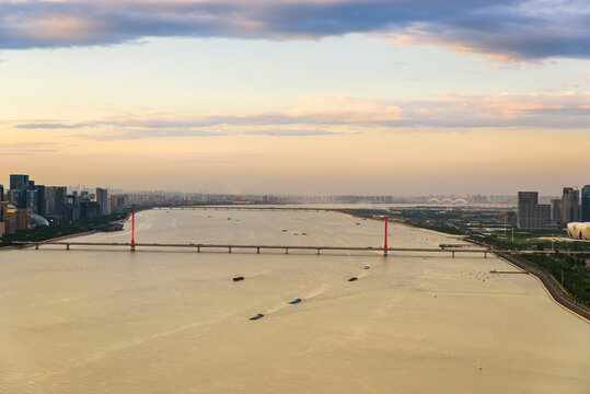 Sunset Cityscape along the Qiantang River, Hangzhou, Zhejiang, China
