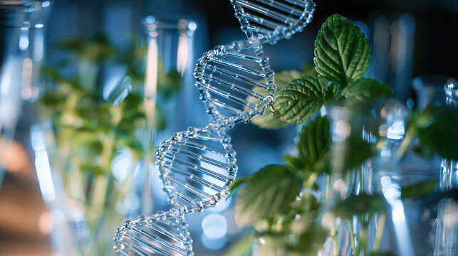 Transparent DNA model beside green mint leaf in biotechnology laboratory, illustrating genetics and scientific research with vivid detail