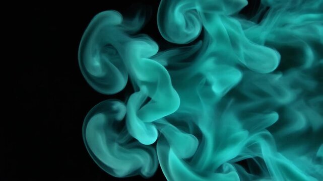 Luminous turquoise vapor rolls slowly across deep black space in dense translucent waves and soft curls, forming a mesmerizing mandala-like pattern with subtle glowing edges and drifting particles.