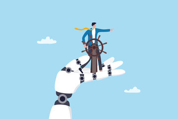 Fototapeta na wymiar Human to control AI artificial intelligence on the right direction, governance or ethics to oversight how AI will think, verification or responsibility, businessman with rudder helm control AI hand.