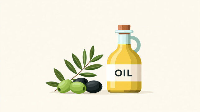 A glass bottle of golden olive oil sits next to a fresh branch with green and black olives in this flat vector illustration
