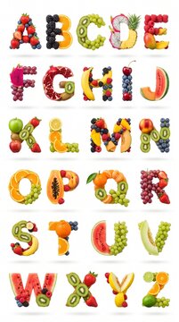 Alphabet letters made from fresh fruits and berries arranged in rows berry