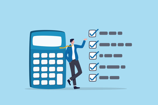 Financial checklist, tax audit or accounting task list, money todo list or budget calculation, investment assessment compliance list, debt or profit, businessman calculator and completion checklist.