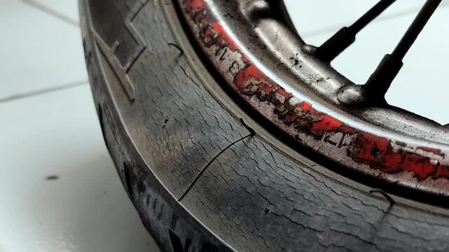 The cracked motorcycle tire shows severe rubber deterioration due to aging and wear, necessitating immediate replacement for safety reasons