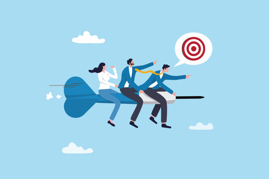 Leader success, team leader to lead colleagues, employee or coworker to reach business goal or target, manager vision to guide opportunity, business people team leader lead team riding dart to target.