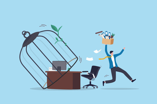 Exit safe zone or comfort zone for new job opportunity, career success future, courage to make decision to change job choice, ambition or brave, businessman exit from workplace desk safe zone cage.