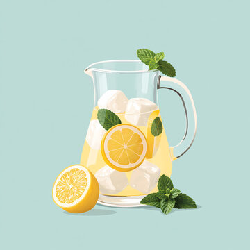 A glass pitcher filled with fresh lemonade ice cubes lemon slices and green mint leaves sits on a light blue background as a refreshing summer drink