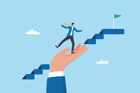 Support or help to overcome problem to reach success, motivation or aspiration for career growth, achievement, assistance or leadership to help potential skill, hand help employee step up stair.