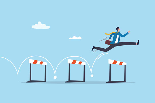 Ambition or aspiration to overcome challenge hurdle, obstacle and difficulty, leadership skill to overcome problem and reach success, barrier or conflict, businessman jump over obstruction hurdles.