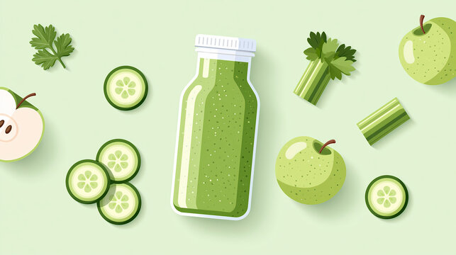A glass bottle of green vegetable and fruit juice is surrounded by fresh sliced cucumbers celery stalks and green apples on a light green background