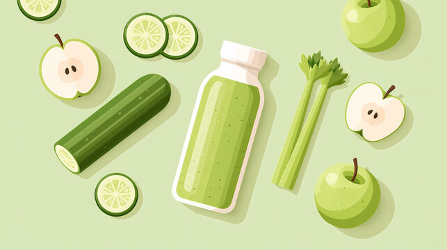 A bottle of fresh green vegetable and fruit juice is placed on a table surrounded by slices of cucumber apple and stalks of celery in a flat illustration