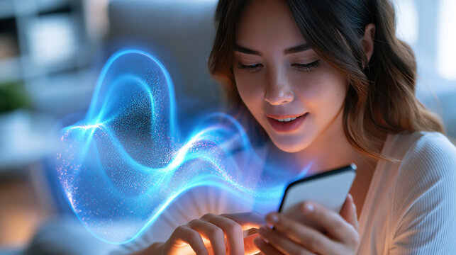 Woman using smartphone with glowing voice assistant wave, expressing surprise indoors in digital communication concept