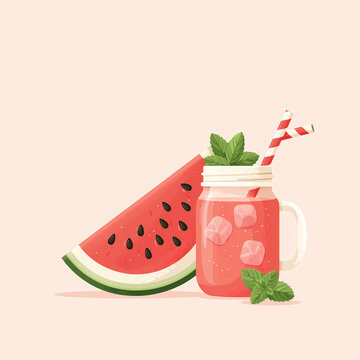 A glass jar filled with refreshing watermelon juice with ice cubes and mint leaves stands next to a fresh slice of watermelon on a light background