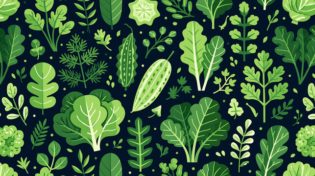 A vibrant seamless pattern featuring various green leafy vegetables and garden herbs arranged on a dark background to represent healthy eating and fresh organic produce concepts