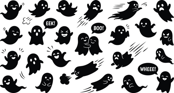 Collection of black and white ghost silhouettes with various facial expressions and poses including speech bubbles with text like b o and e k and w h e on a plain white background