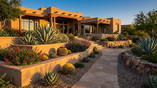 Modern adobe style luxury house with desert landscaping and cactus garden in the sunny arizona desert. arizona front yard