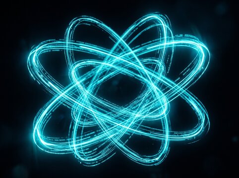 Glowing neon digital atom model symbol with data streams and binary code lines