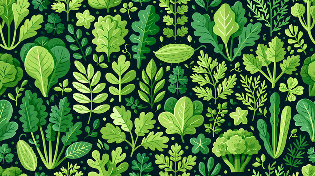 A vibrant seamless pattern featuring various fresh green leafy vegetables and herbs arranged on a dark background to create a healthy food texture design