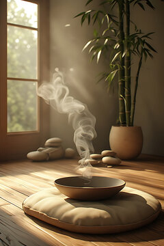 Incense smoke rising from a bowl in a peaceful zen meditation room with bamboo plant