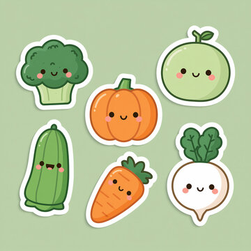 A collection of cute cartoon vegetable stickers featuring happy faces including broccoli pumpkin melon cucumber carrot and radish on a light green background