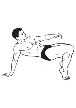 The bodybuilder is taking off his clothes and performing stretching exercises, revealing his muscular physique.
Black silhouette vector illustration.
Cartoon illustration of sports and health in a sha